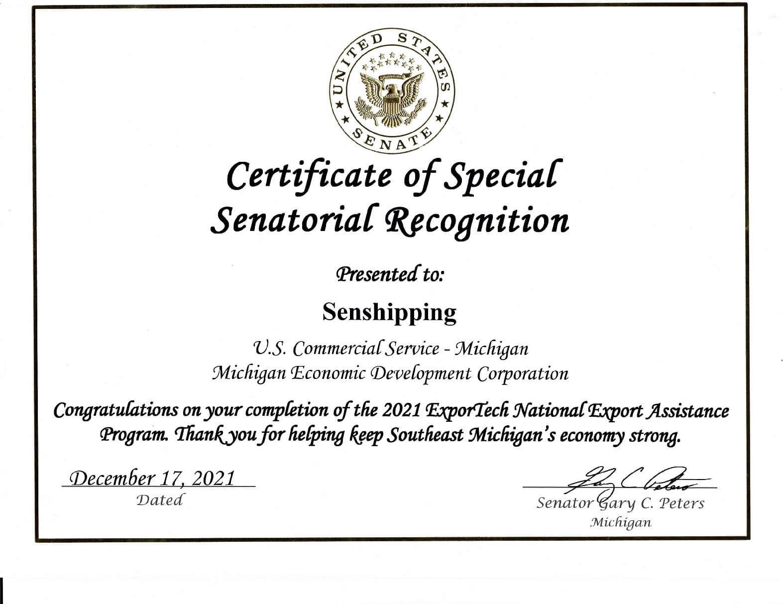 Certificate of Special Senatorial Recognition